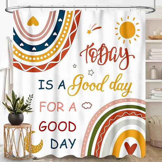 Colorful Shower Curtain, Kids Girls Baby Boho Rainbow Cute Inspirational Motivational Quotes Bohemian Cartoon Pink Pastel Waterproof Fabric Bathroom Shower Curtain Set with Hooks, 72"x84" Inch