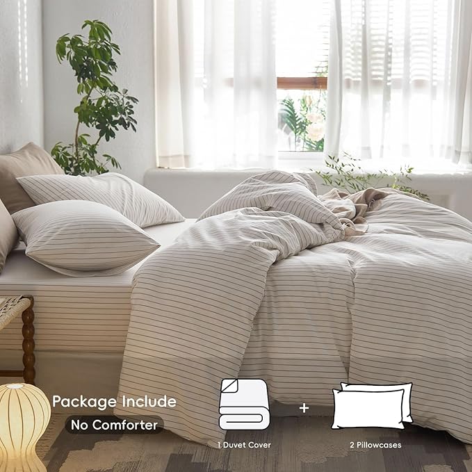 MooMee Striped Duvet Cover Set 100% Washed Cotton Linen Like Textured Breathable Durable Soft Comfy (White Tannish Linen Grey Wide Stripes, Oversized King Plus 128"x120")