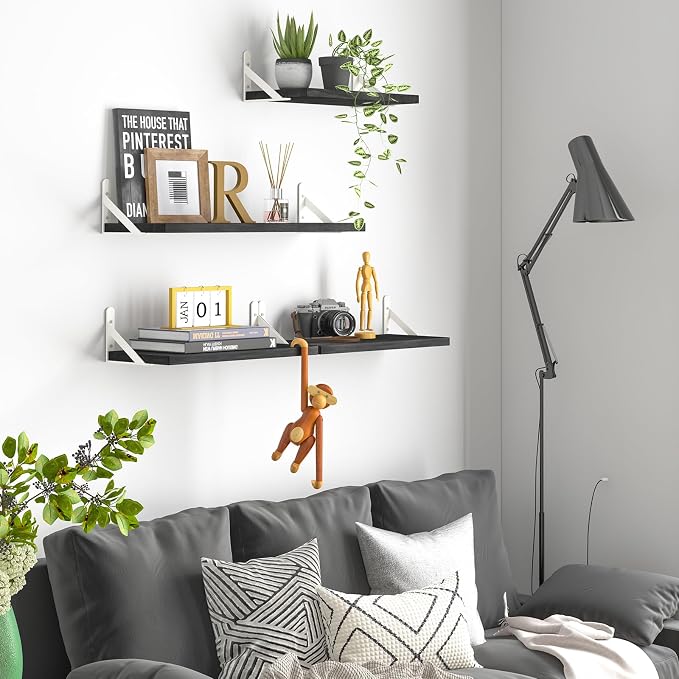 YGEOMER Floating Shelves for Wall, Different Sizes Black Wall Shelves for Living Room, Bathroom, Bedroom, Kitchen, Home Decor (Set of 4)