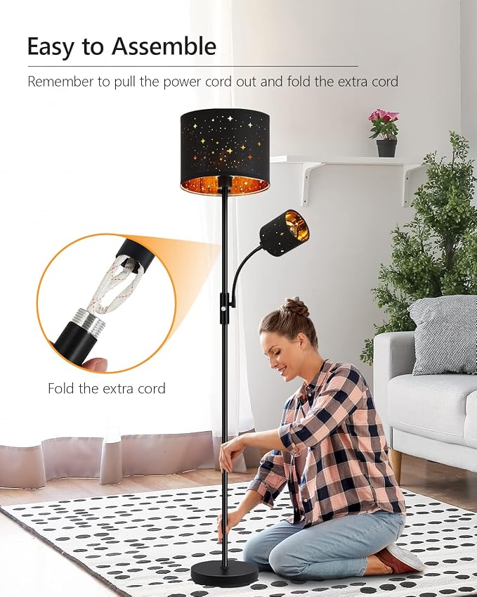 Floor Lamp Black, Reading Standing Lamps for Living Room, 62" Tall Torchiere Lamp for Kids Room, 3-Way Switch, Star-Gold Lampshade, Modern Goth Decor for Bedroom/Office, Bulbs Not Included(E26 Base)