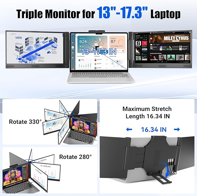 Laptop Screen Extender 14 inch Laptop Monitor Extender 1080P IPS, Triple Portable Monitor for Laptops 13-17.3" with USB-C DP/HDMI Port, Plug-Play Portable Screen for Windows/Mac/Chrome/Android
