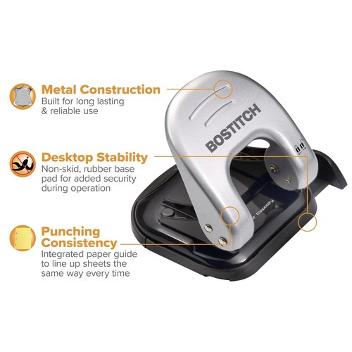 Bostitch Office 2-Hole Punch - Reduced Effort Design, Locking Handle, Silver Finish, 2 Sheets Capacity