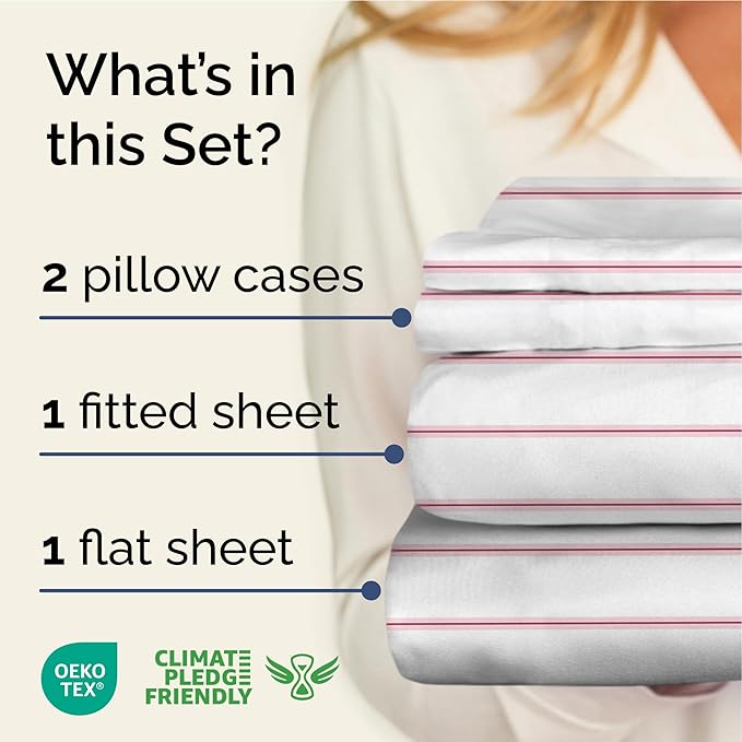 Striped Sheets - Red & White Striped Sheets - 1 Flat & 1 Fitted & 2 Pillowcases w/ Deep Pockets – Wrinkle & Fade Free - Ultra-Soft, Breathable & Cooling – Luxury Pinstripe Bedding - King Size Bed Set