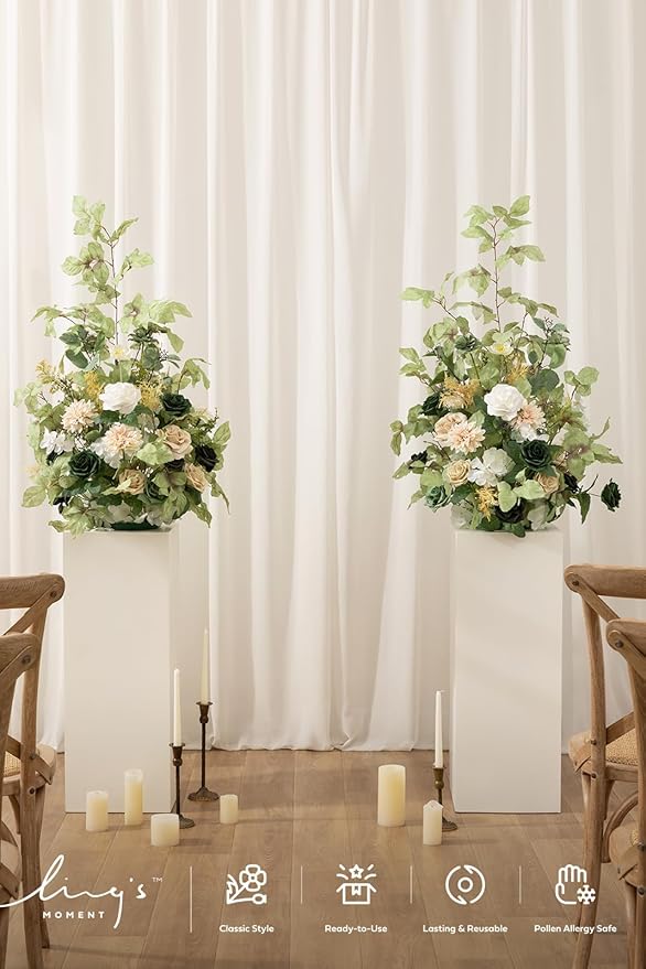 Ling's moment 41" Tall Free Standing Artificial Flowers Arrangements 2 pcs Wedding Arch Altar Stage Decorations Emerald & Tawny Beige Ceremony Reception Rose Fake Floral Party Centerpieces Decor