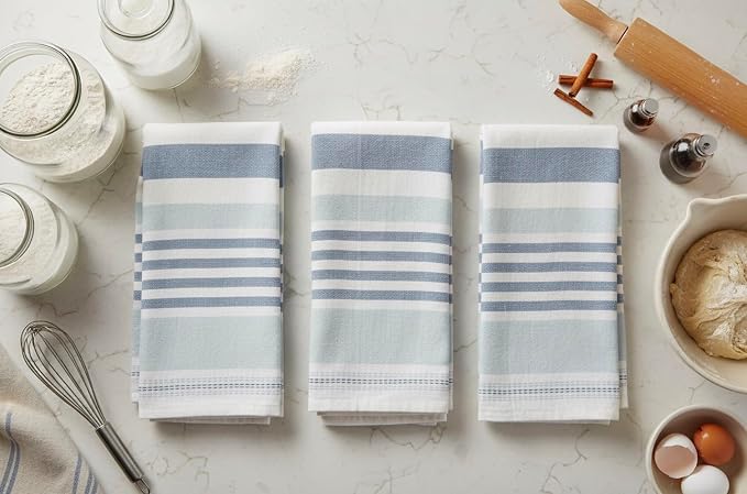 Serafina Home Blue White Kitchen Hand Dish Towels: Oversized 28" x 16",100% Cotton Cloth Soft Cleaning Drying Absorbent Striped Design, Set of 3 Multipurpose for Everyday Use (Blue Monica)