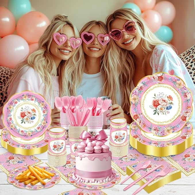 140Pcs Tea Party Decorations Tableware Set Floral Plates and Napkins for Birthday Party, Baby Showers, Bridal Showers, Wedding Bachelorette Party Supplies Floral Tea Party Plates, Serves 20 (Pink)