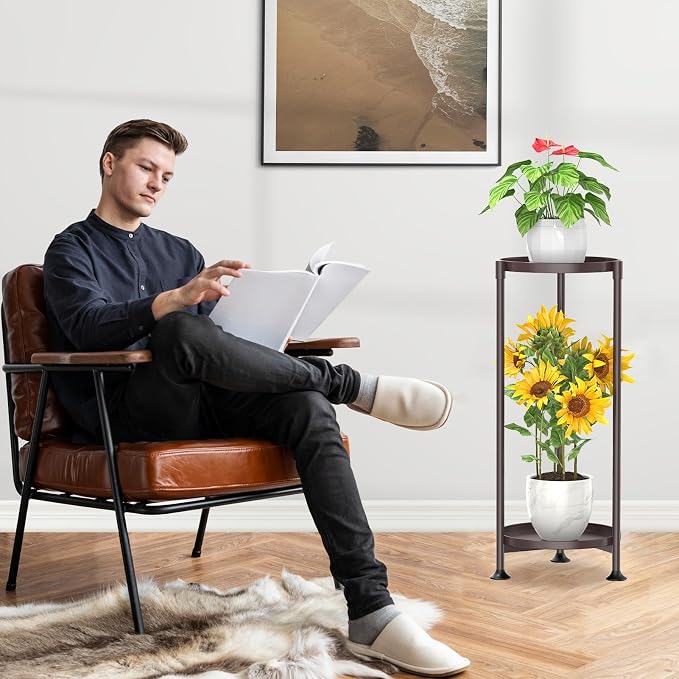 KMOTASUO 2 Tier Plant Stand Indoor for Large Tall Heavy Duty Planter, Multiple Sturdy Metal Flower Corner Rack for Narrow House Floor, Iron Vertical Level Round Orchi Holder Organizer, Bronze