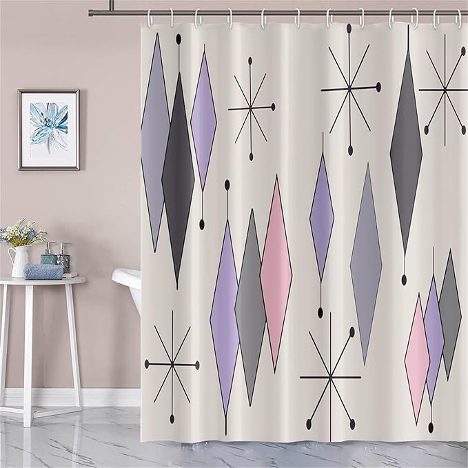 Boho Mid Century Shower Curtain Abstract Purple Grey Pink Diamond Geometric Atomic Starburst Pattern Beige for 1950s Retro Bathroom Decor Shower Curtain Set with 12 Hooks, 72x72 Inches