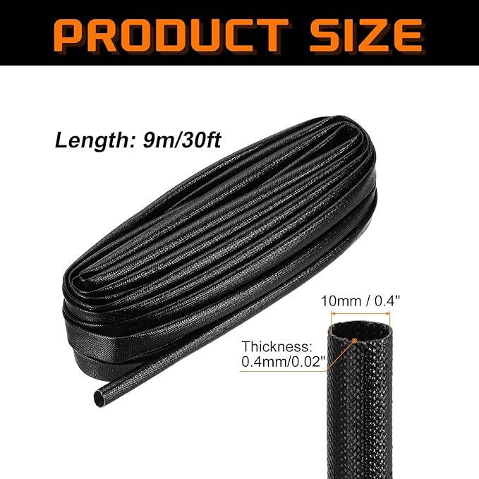 MECCANIXITY 30ft Braided Cable Sleeve, 0.4" ID 200C High Temperature 1500V Fiberglass Wire Insulation Cord Protector Organizer Wires Management for Motor Engine Fuel Line, Black