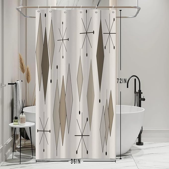 Boho Light Grey Brown Shower Curtain Abstract Mid Century Diamond Geometric Atomic Starburst Pattern Beige for 1950s Retro Bathroom Decor Shower Curtain Set with 12 Hooks, 36x72 Inches