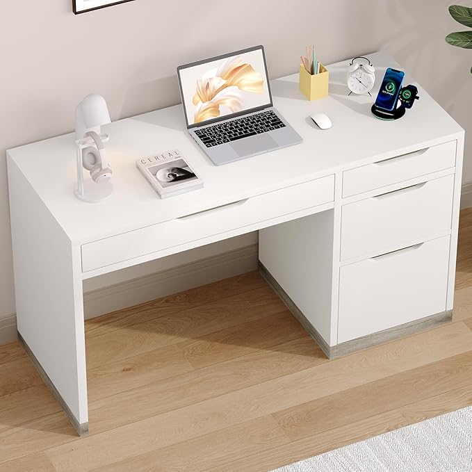 52 Inch White Desk with Drawers, Small Desk with Storage for Kids, Study Worksation with Filing Cabinet and 4 Drawers for Bedroom