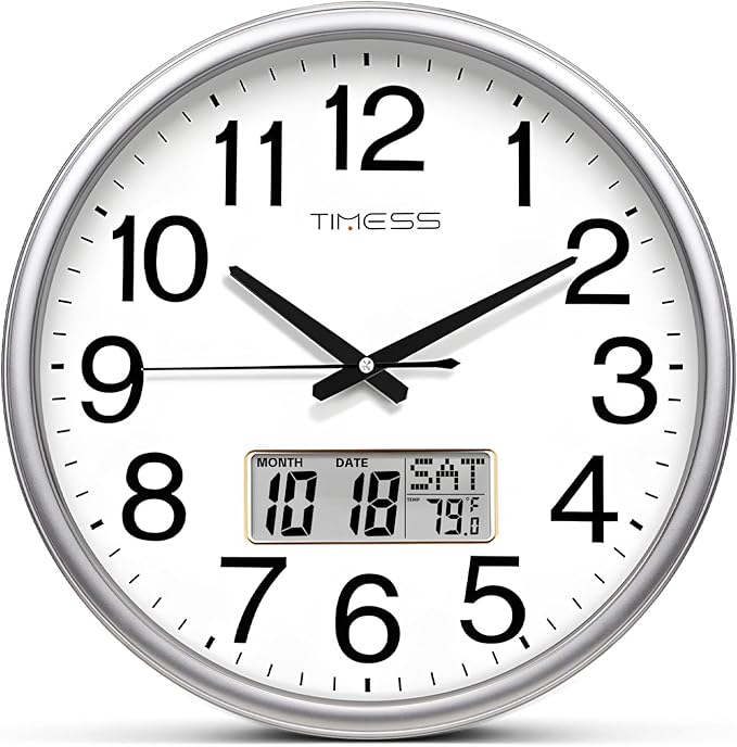 TIMESS Wall Clock, 13 Inch Non-Ticking Silent Battery Operated Quartz Analog with LCD Display for Perpetual Calendar and F° Temperature, Ideal Modern Home, Bedroom, Kitchen, Office Décor (Sliver)