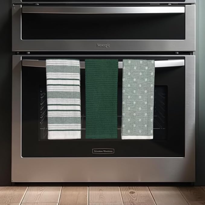 Dark Sage Green White Kitchen Hand Dish Towels: Oversized 28" x 16" 100% Cotton Cloth Soft Cleaning Drying Absorbent Striped Solid Polka Dot Design Set of 3, Multipurpose for Everyday Use