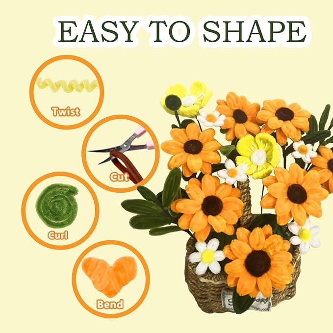 Pipe Cleaners Flower Craft Kit,Chenille Stems Craft DIY Bouquet Making Set with Floral Wires, Gardening Tape, Stamens & Ribbon for Home Decor-Holiday Decorations,Gifts - 400 Pcs (Yellow)