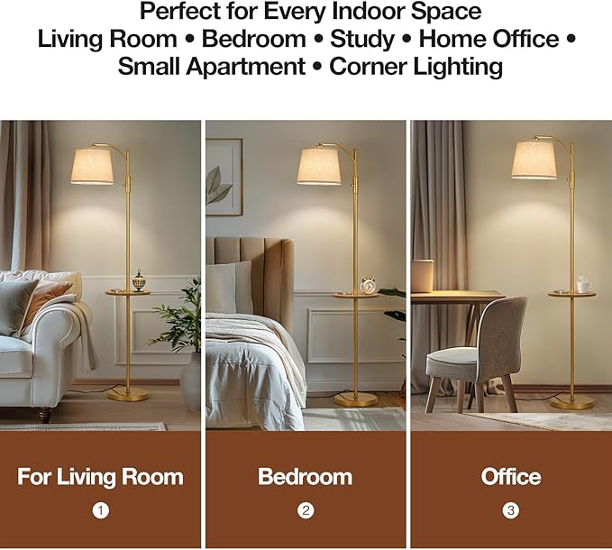 AIDENOEY Fully Dimmable Floor Lamp for Living Room，Standing Lamp Rotary Switch with Table&Linen Beige Shade，Golden Tall Lamps for Bedroom with Adjust Head，9W LED Bulb Included