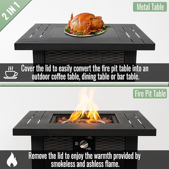 28" Propane Gas Fire Pit Table, 50000 BTU Square Steel Fire Pit with Lid & Volcanic Stones 2 in 1 Fire Pit Table Rock for Outside Patio Deck Garden Courtyard