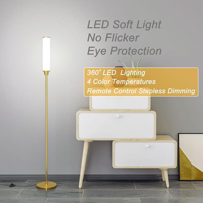 Nukanu Floor Lamp with Remote Control,Bright Floor Lamps for Living Room/Bedroom/Office, Stepless Adjustable 3000K-6000K Colors and 10-100% Brightness,Standing Light with Foot Switch (Brass Gold)