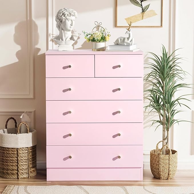 Karl home Pink 6 Drawer Dresser for Bedroom, Tall Dresser Chest of Drawers, Wood Pink Bedroom Dressers for Girls, Anti-Tipping Device, Rose Gold Metal Handle, Living Room, Entryway, Hallway, Office