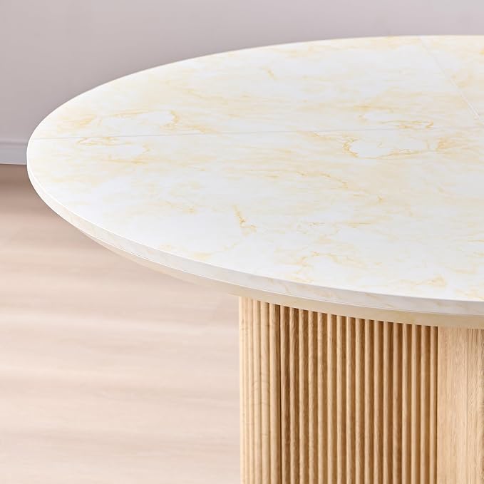 T4TREAM 47" Fluted Round Dining Table for 4-6, Mid-Century Modern Kitchen Table with Thickened Edge & Sturdy Pedestal Base for Kitchen Living Room,Marble & Natural Oak