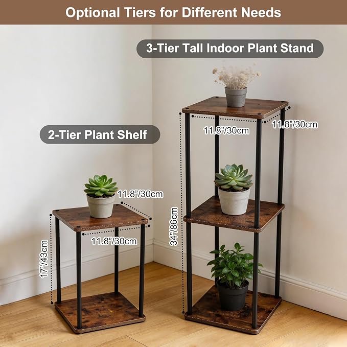 Vigordream Plant Stand Indoor Outdoor 2 Tier Metal Plant Shelf Tall Pedestal Stand Flower Pot Stands Multiple Planter Support Rack for Corner Living Room, Balcony, Garden Patio (Retro Brown, 17 INCH)