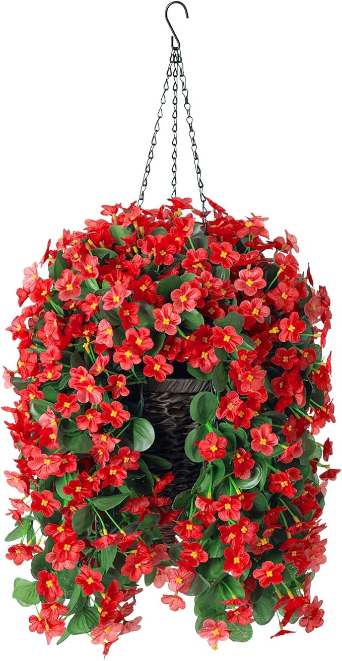 Artificial Hanging Flowers with Baskets for Winter Christmas Decor, Fake Silk Red Hanging Daisy Orchid Flowers Plants, Faux Flower Centerpieces for Home Indoor Outdoor Garden Patio