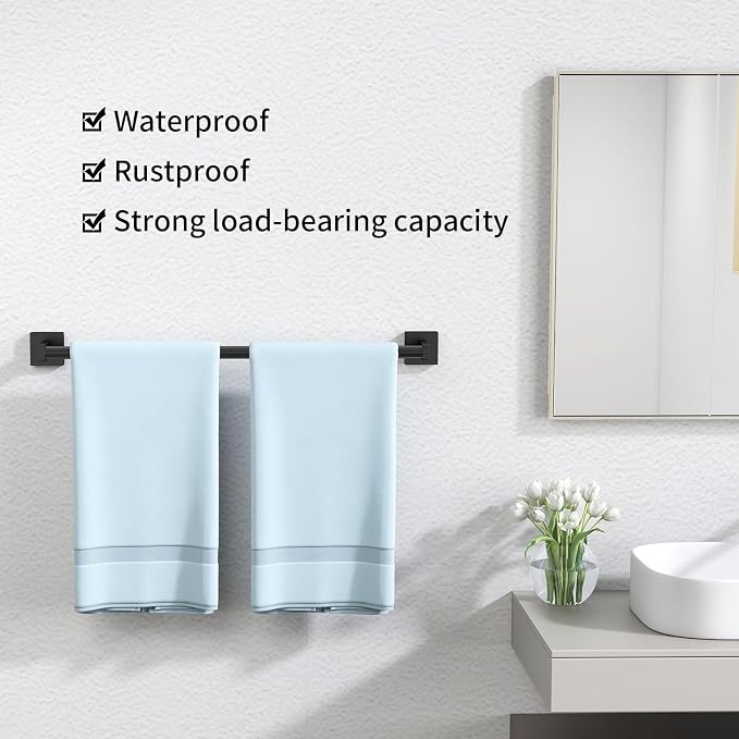 MKO Towel Bar for Bathroom, 24" Hand Towel Holder Rod with Metal, Black Towel Racks for Bathroom Hanger Wall Mounted for Home Essentials, 2 Pack
