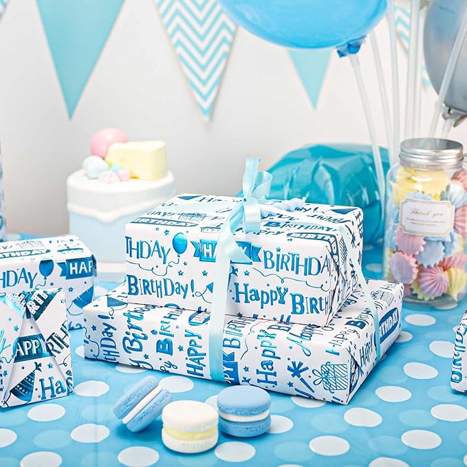 Homeral Blue Birthday Wrapping Paper Roll - 3D Embossed Blue Foil Metallic Shine Gift Wrap Paper for Boy Birthday, Baby Shower, Party - Mini Roll - 17 Inch x 33 Feet