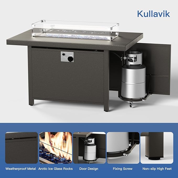 Kullavik 45" Propane Fire Pit Table,55000 BTU Auto-Ignitiongas Gas Fire Table with Fire Glass and Lid,Waterproof Cover and Blue Glass Stone for Patio,Balcony,Garden