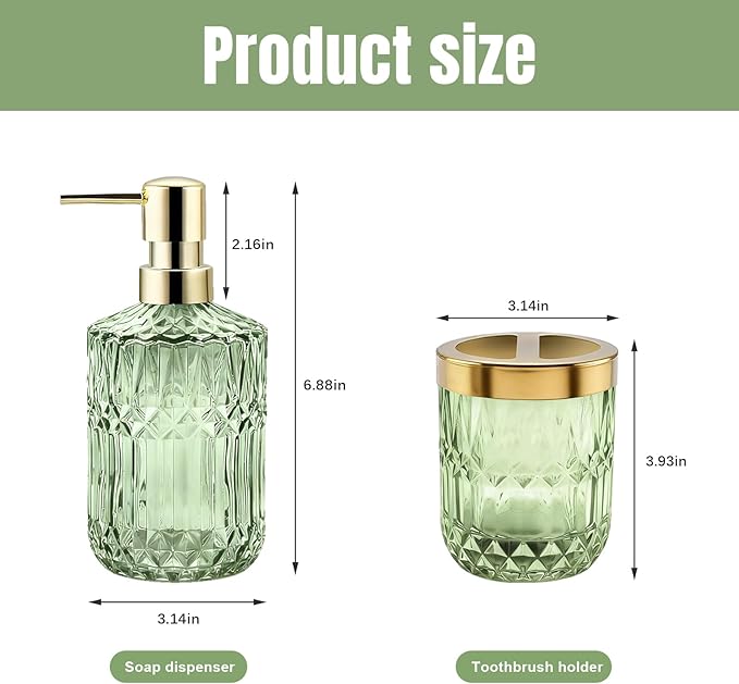 2Pcs Green Bathroom Accessories Set, Glass Bathroom Accessories, Vintage Bathroom Countertop Decoration Includes Soap Dispenser, Toothbrush Holder