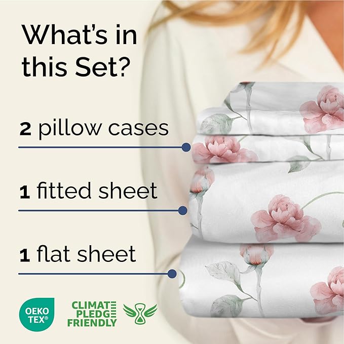 Floral Sheets - Floral Rose Bed Sheet Set - 1 Flat, 1 Fitted & 2 Pillowcases w/ Deep Pockets - Comfy, Wrinkle & Fade Free - Boho Botanical Bedding - Ultra-Soft, Breathable & Cooling - King Size Set