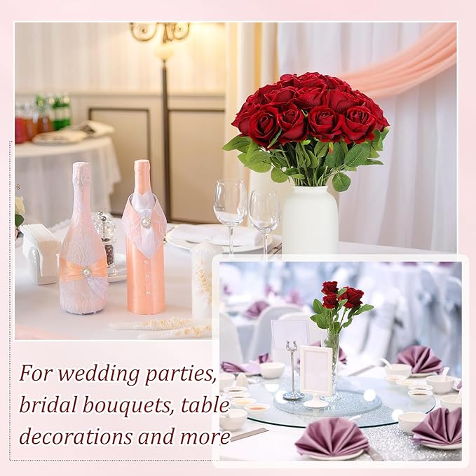 Jexine 50 Pcs Artificial Rose Flower Bulk Realistic Silk Fake Roses with Long Stem Plastic Artificial Flower Bouquet Real Looking for Home Wedding Centerpieces Party Decoration(Burgundy)