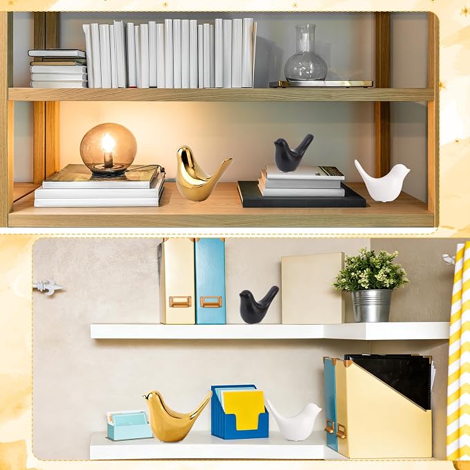 3pcs Mid-Century Modern Ceramic Bird Figurines, Gold White & Black Colored Ceramic Birds Mcm Medieval Decor Decorative Decoration for Home Office Desk Bookshelf Mantel Small Shelf Tabletop Centerpiece