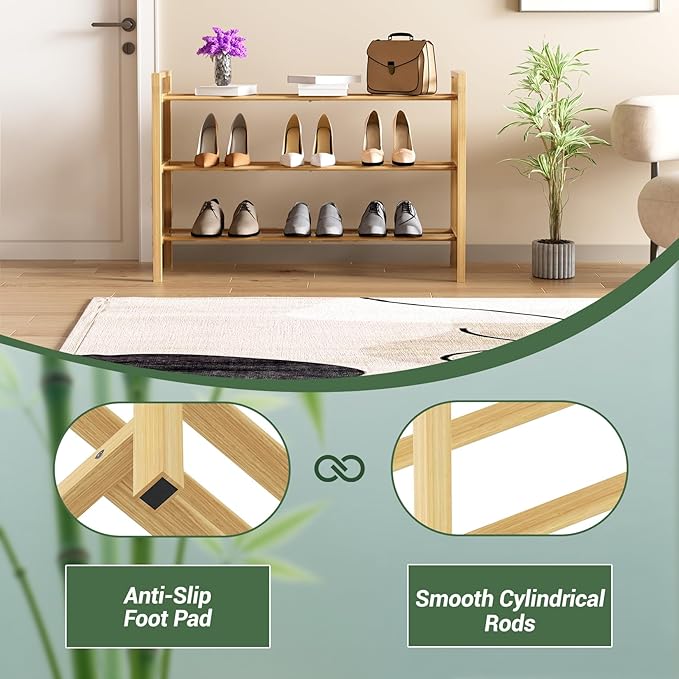 Haddockway Bamboo Shoe Rack for Closet, Free Standing Shoe Organizer with Smooth Round Rods & Convenient Handles, Stackable Shoe Storage Shelf for Entryway, Hallway(Natural, 3-Tier)