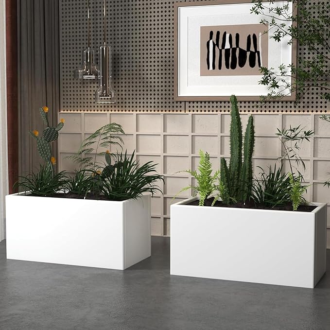 White Steel Rectangular Planter Metal Outdoor Indoor Planter Box 31.5" L x 16" W x 16" H Galvanized Steel Large Rectangle Planters Modern Commercial Residential for Trees Patio Yard Garden