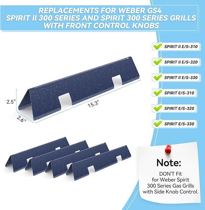 15.3" Flavorizer Bars for Weber Spirit 300 and GS4 Spirit II 300 Series E310 E320 E330 S310 S320 S330 with Front Control Knobs, Porcelain Steel Grill Heat Plates Replacement for 7636, 5 Pack