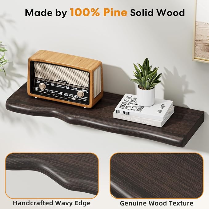 Solid Wood Live Edge Floating Shelves Set of 2 – 24" Rustic Wall Shelf with Hidden Bracket System, Wall Mounted Shelves for Bathroom, Kitchen, Living Room, Bedroom (Grey)