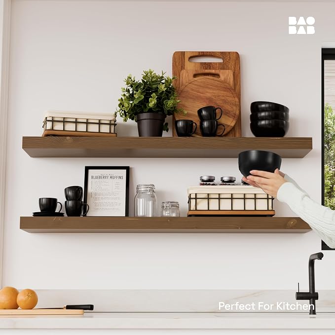 BAOBAB WORKSHOP Solid Wood Floating Shelves for Wall 36 Inches Long, Heavy Duty Wall Shelf for Bedroom 36 Inch Large, Real Wooden Bathroom Shelf Kitchen Rustic, Walnut Shelves, 36W × 6.7D, Set of 2