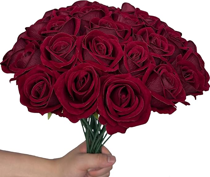 FagusHome 30 Pcs Silk Rose Artificial Flowers Roses Bulk Bouquet Fake Flowers Rose Heads with Stems for Home Wedding Decor (Dark Red)