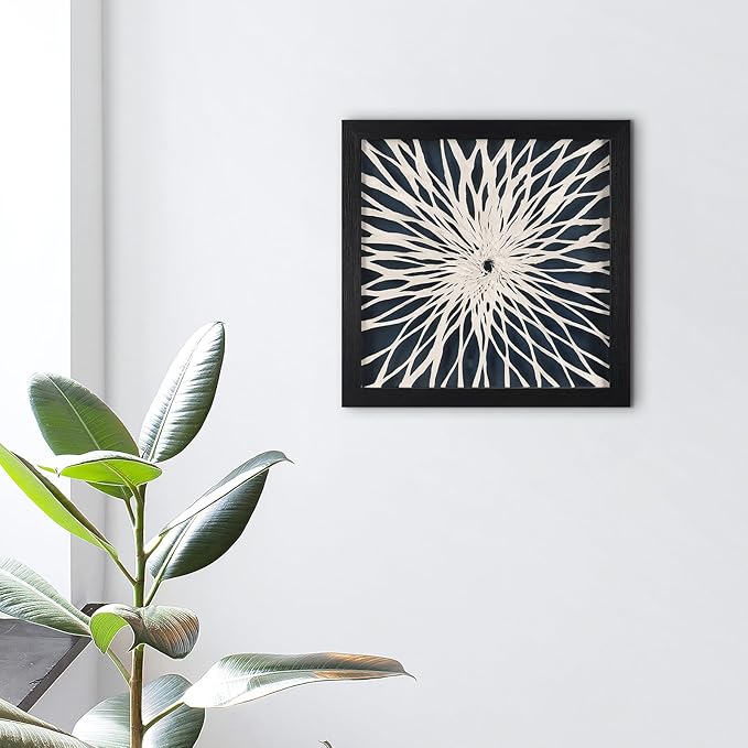 FOLKOR Framed Wall Art for Modern Home Office Apartment, 12" 3D Geometric Black and White Artwork, Natural Paper Abstract Starburst Shadow Box Wall Accent for Living Room Bedroom Classroom