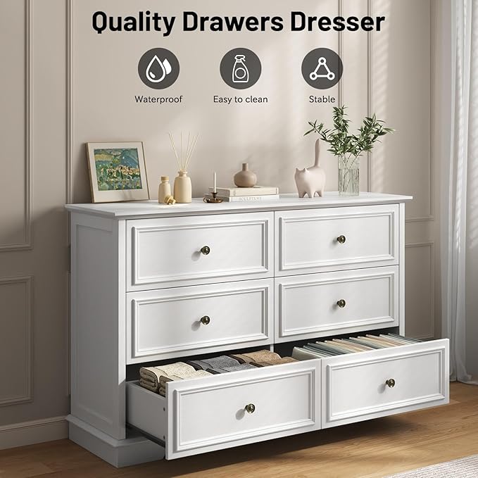 White Dressers for Bedroom, Modern 6 Drawer Dresser with Deep Drawers, Wooden Chest of Drawer and Bedroom Closet Dressers for Living Room, Entryway, Hallway