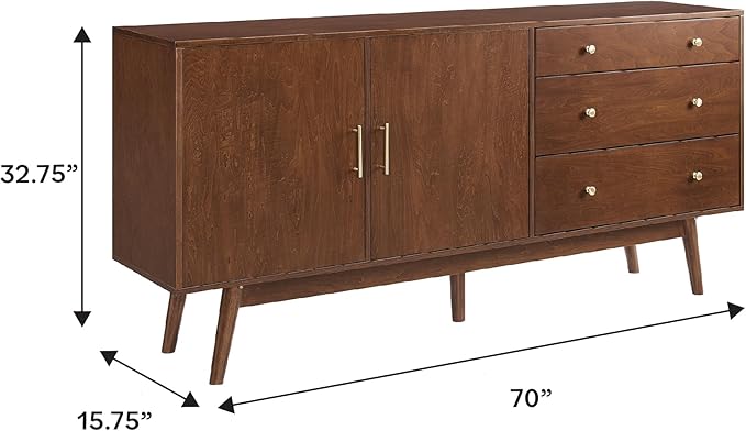 Walker Edison Mid-Century Modern Wood Kitchen Buffet Sideboard Entryway Serving Storage Cabinet Doors Dining Room Console, 70 Inch, Walnut