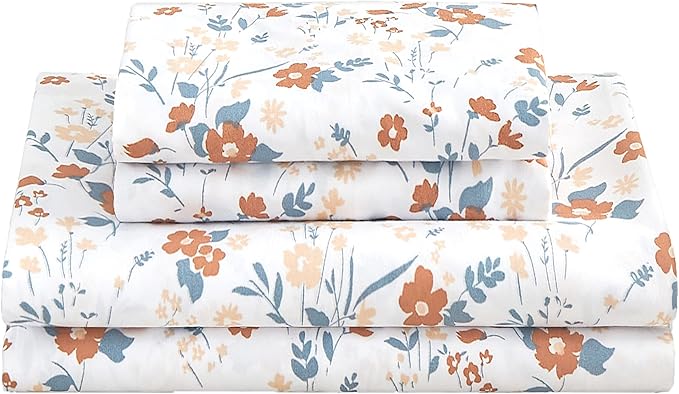 Softan Floral Twin Size Sheet Set, Orange Flower Printed Bed Sheets for Girls, 3-Piece Microfiber Single Fitted Sheet with 15" Deep Pocket & Non-Slip Straps, Patterned Bedding Sheets & Pillowcase Set