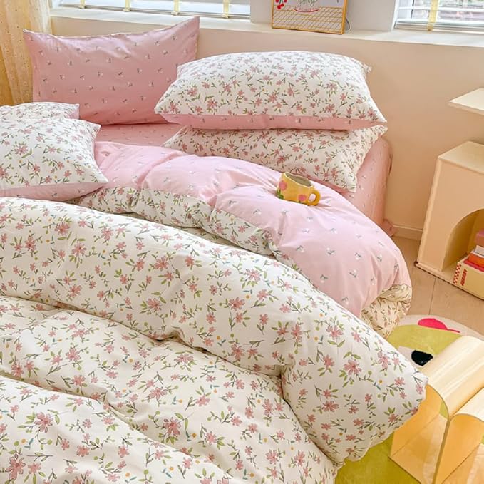 Girls Pink Floral Duvet Cover Twin XL Soft 100% Cotton Aesthetic Flower Bedding Set Vintage Botanical Comforter Cover Breathable Cottagecore Bedding Set 1 Twin XL Duvet Cover with 2 Pillowcases
