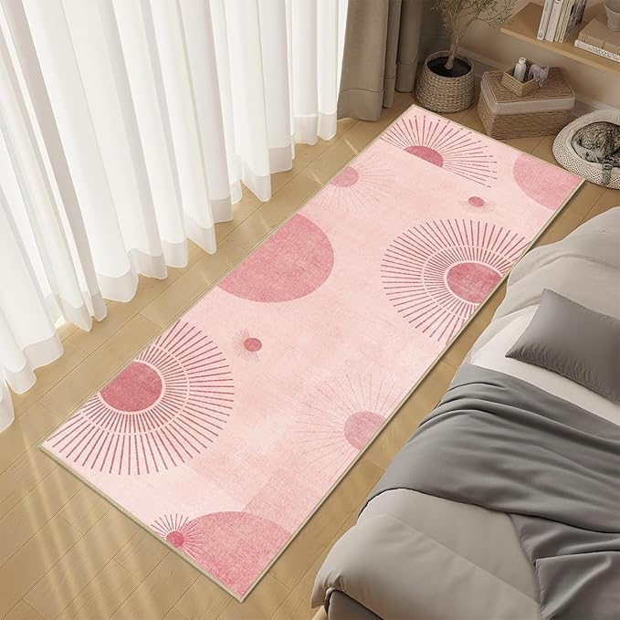 Sun Runner Rug 2x6 for Hallway Kitchen Bedroom,Mid Century Modern Runner Rugs Washable Boho Geometric Rug Non-Slip Printed Low Pile Long Floor Carpet Mat for Bedroom Laundry,Pink