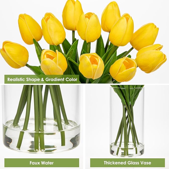 DILATATA 12 Pcs Artificial Real Touch Tulips Flowers in Glass Vase with Faux Water, Tulips Fake Arrangements Yellow Tulips with Vase for Dining Table Home Decor Wedding Centerpieces