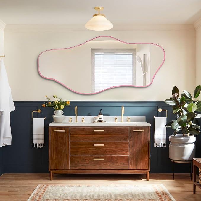 Irregular Mirror Full Length, 67"x31" Pink Asymmetrical Tempered Glass Wall Mirror, Large Organic Frameless Mirrors for Entryway Hallway Bedroom Living Room, Horizontal or Vertical Hanging