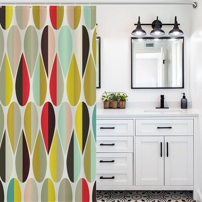 Mid Century Modern Shower Curtain,Retro Abstract Geometric Drop Shapes Art Style Shower Curtains Set for Bathroom Fabric Decorative Bath Curtain Washable Curtain Hooks, 72x72 inch