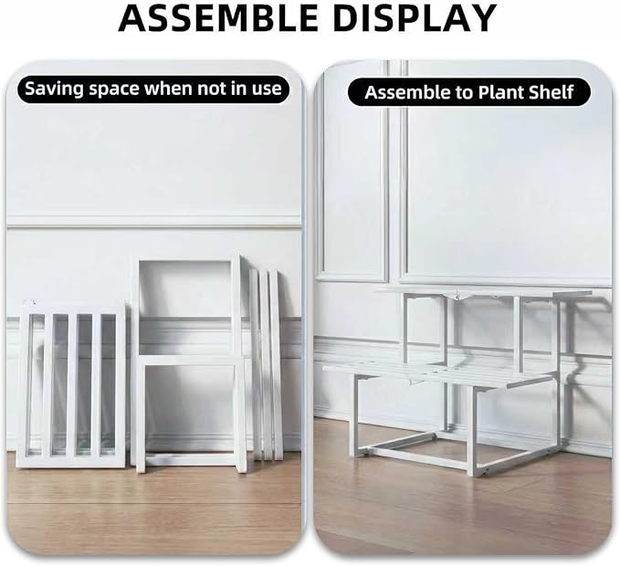 Plant Stand Indoor Outdoor, Foldable Metal Plant Shelf for Multiple Pots, Mid Century Slatted Bench for Patio Garden, Heavy Duty Capacity 330 lbs 2 Tier White