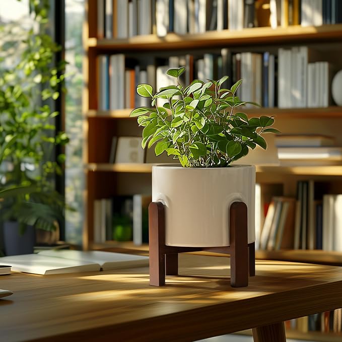 La Jolie Maison White Planter with Wood Stand, Large Ceramic Planter for Indoor Plants, 9 Inch Modern Planter Pots Whit Drainage Hole