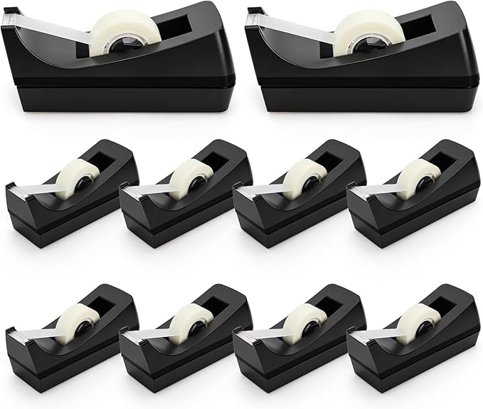 Suwimut 10 Pack Desktop Tape Dispenser, 1 Inch Core Tape Dispensers with 10 Rolls Invisible Tapes Refills, Non Skid Base Plastic Tapes Roll Dispenser Bulk for Desk Office Home School, 0.7 x 985 Inches